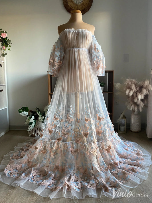Pastel Butterfly Appliqué Off-Shoulder Sheer Maternity Gown with Puffy Sleeves and Long Train – MA001-wedding dresses 2025 -Viniodress-Light Blue-Custom Size-