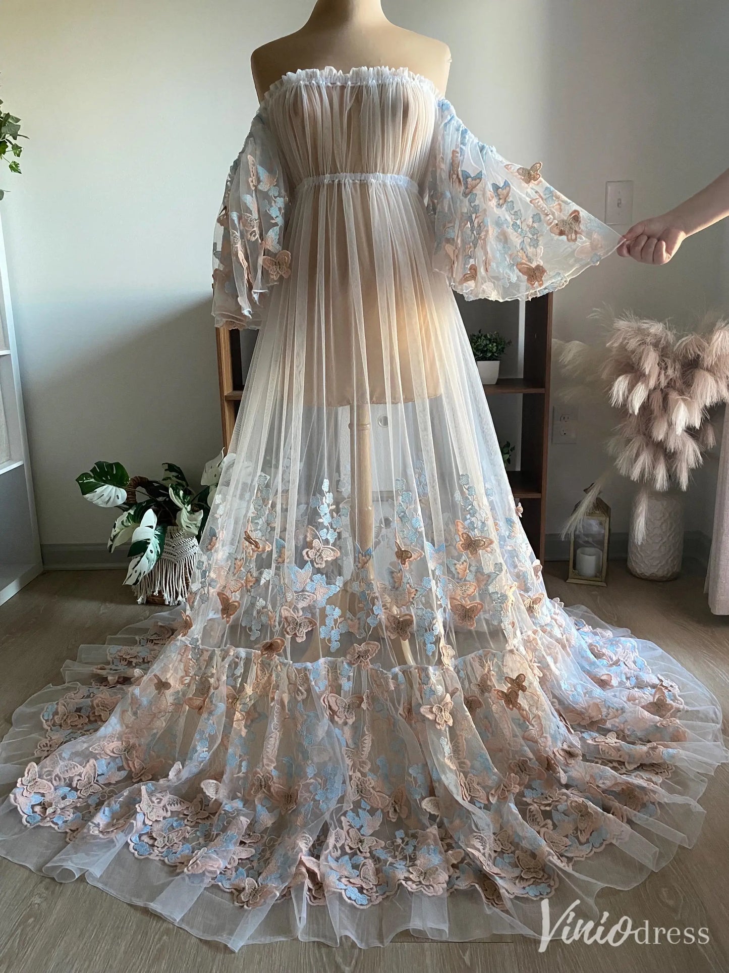 Pastel Butterfly Appliqué Off-Shoulder Sheer Maternity Gown with Puffy Sleeves and Long Train – MA001-wedding dresses 2025 -Viniodress-Light Blue-Custom Size-
