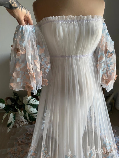 Pastel Butterfly Appliqué Off-Shoulder Sheer Maternity Gown with Puffy Sleeves and Long Train – MA001-wedding dresses 2025 -Viniodress-Light Blue-Custom Size-