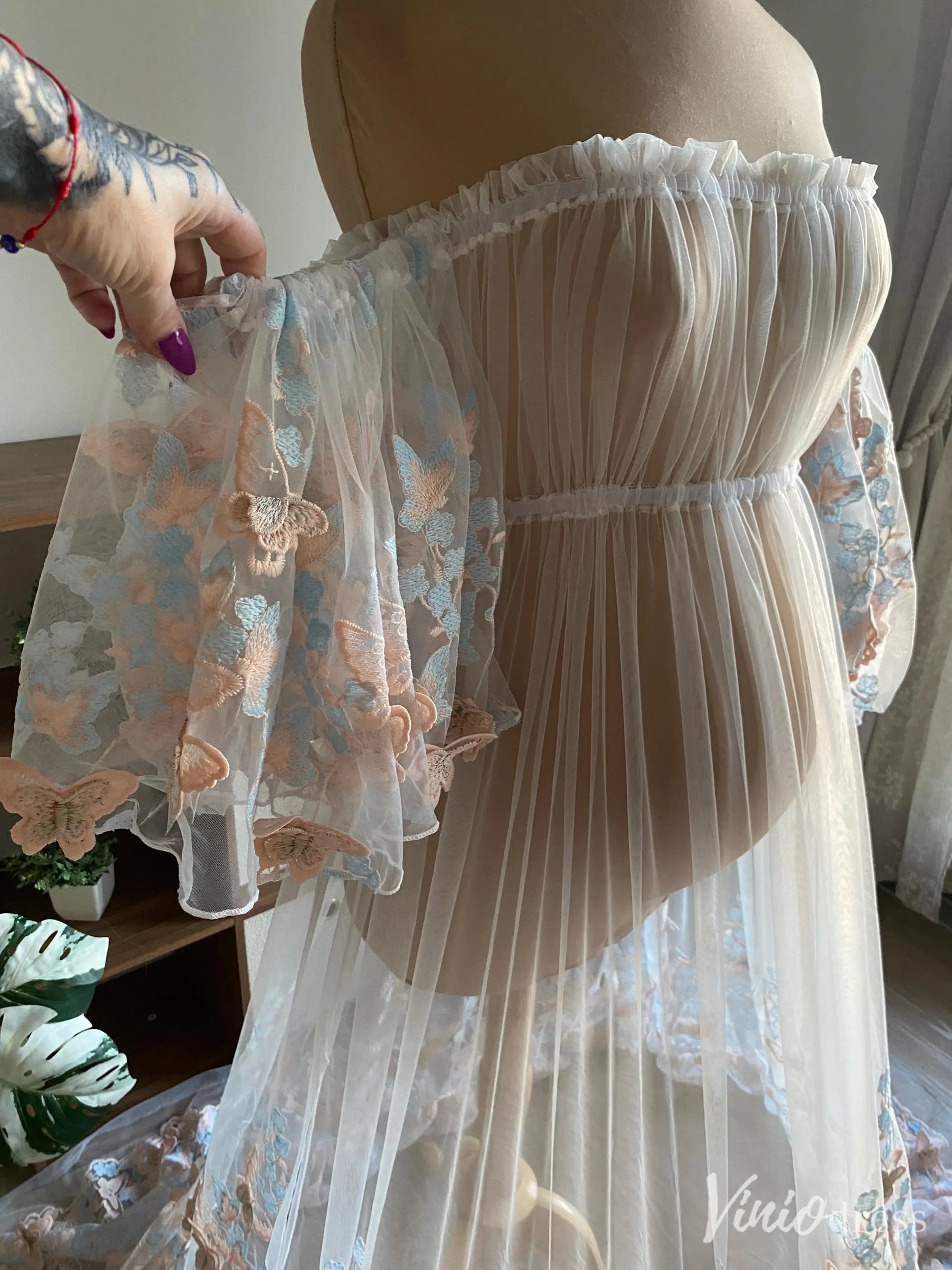 Pastel Butterfly Appliqué Off-Shoulder Sheer Maternity Gown with Puffy Sleeves and Long Train – MA001-wedding dresses 2025 -Viniodress-Light Blue-Custom Size-