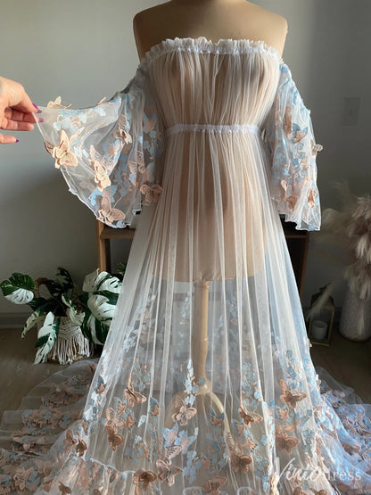 Pastel Butterfly Appliqué Off-Shoulder Sheer Maternity Gown with Puffy Sleeves and Long Train – MA001-wedding dresses 2025 -Viniodress-Light Blue-Custom Size-
