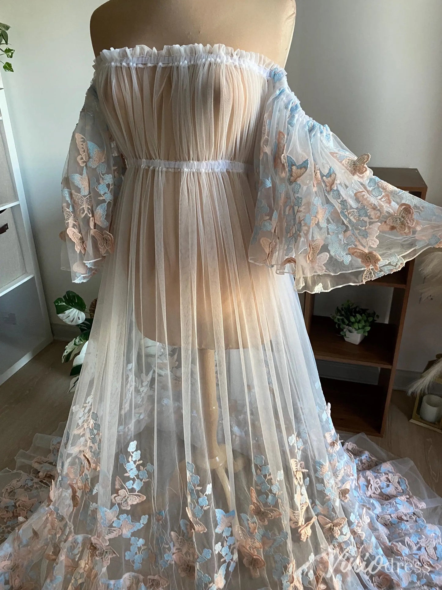 Pastel Butterfly Appliqué Off-Shoulder Sheer Maternity Gown with Puffy Sleeves and Long Train – MA001-wedding dresses 2025 -Viniodress-Light Blue-Custom Size-