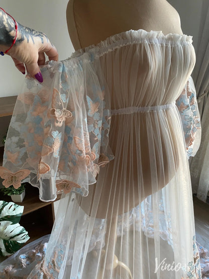 Pastel Butterfly Appliqué Off-Shoulder Sheer Maternity Gown with Puffy Sleeves and Long Train – MA001-wedding dresses 2025 -Viniodress-Light Blue-Custom Size-