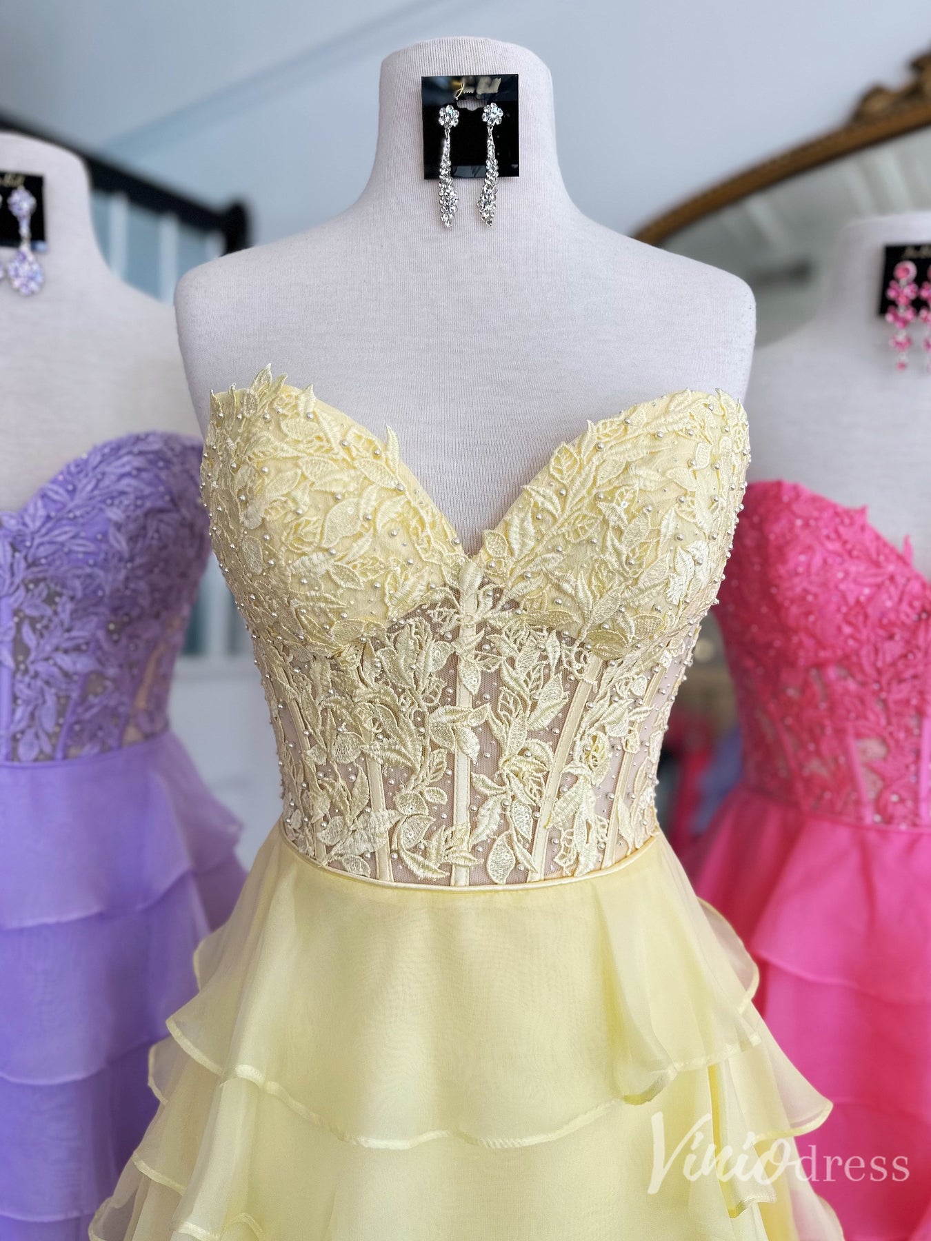 Pastel Lace Corset Homecoming Dress with Tiered Chiffon Skirt – Style SD1709-prom dresses 2025 -Viniodress-Yellow-Custom Size-