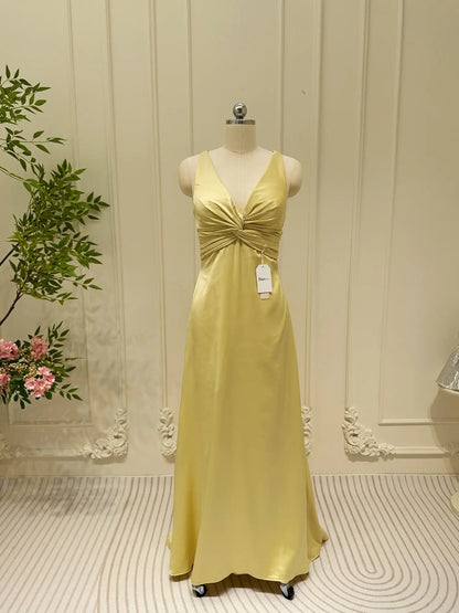 Pastel Yellow Satin Prom Dresses V-neck Evening Dress Open Back FD6001-prom dresses 2025 -Viniodress-Yellow-Custom Size-