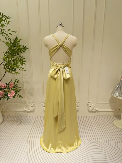 Pastel Yellow Satin Prom Dresses V-neck Evening Dress Open Back FD6001-prom dresses 2025 -Viniodress-Yellow-Custom Size-