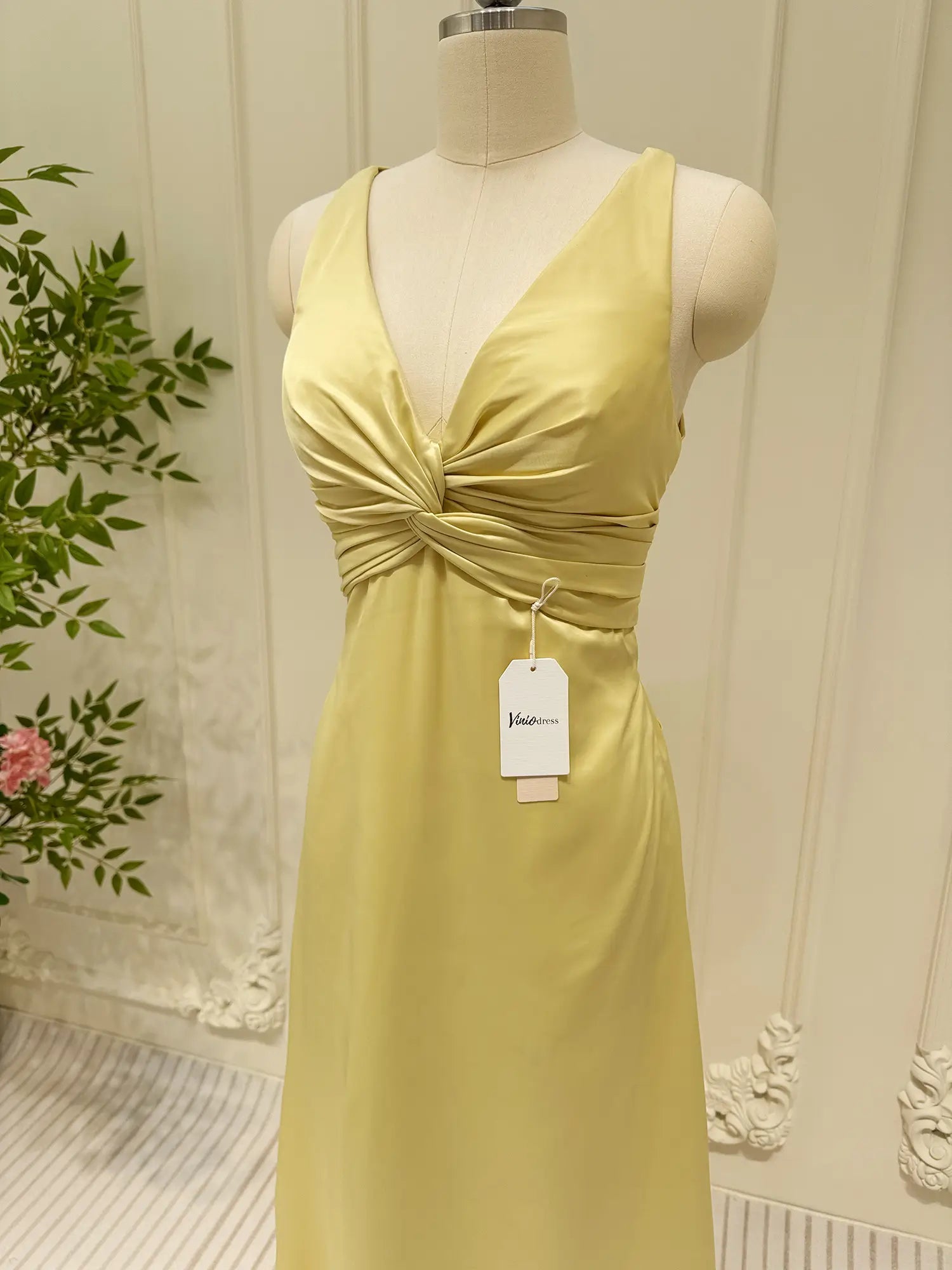 Pastel Yellow Satin Prom Dresses V-neck Evening Dress Open Back FD6001-prom dresses 2025 -Viniodress-Yellow-Custom Size-