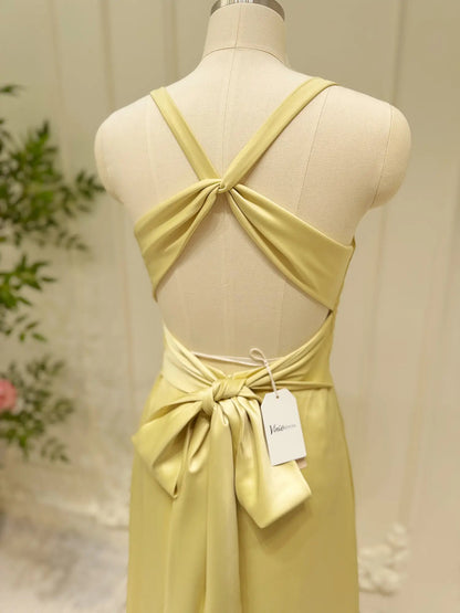Pastel Yellow Satin Prom Dresses V-neck Evening Dress Open Back FD6001-prom dresses 2025 -Viniodress-Yellow-Custom Size-