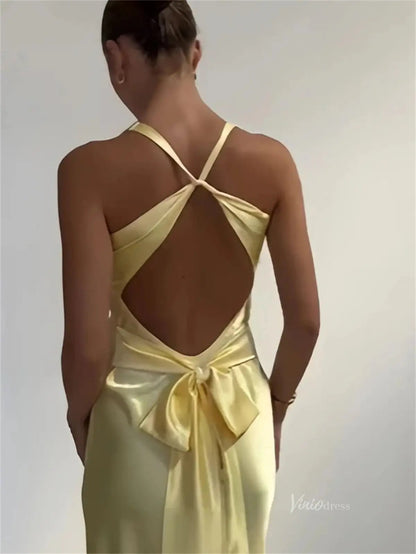 Pastel Yellow Satin Prom Dresses V-neck Evening Dress Open Back FD6001 – Viniodress Pastel Yellow Satin Prom Dresses V-neck Evening Dress Open Back FD6001 – Viniodress
