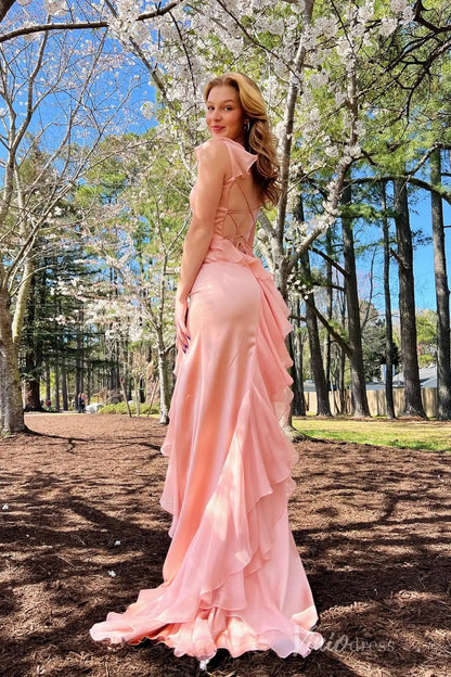 Peach Chiffon Ruffle Prom Dress with High Slit Skirt, and Lace-Up Back – SS054-Homecoming Dresses 2025 -Viniodress-Peach-Custom Size-