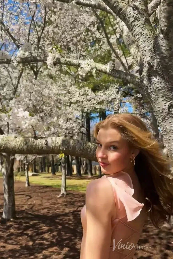 Peach Chiffon Ruffle Prom Dress with High Slit Skirt, and Lace-Up Back – SS054-Homecoming Dresses 2025 -Viniodress-Peach-Custom Size-