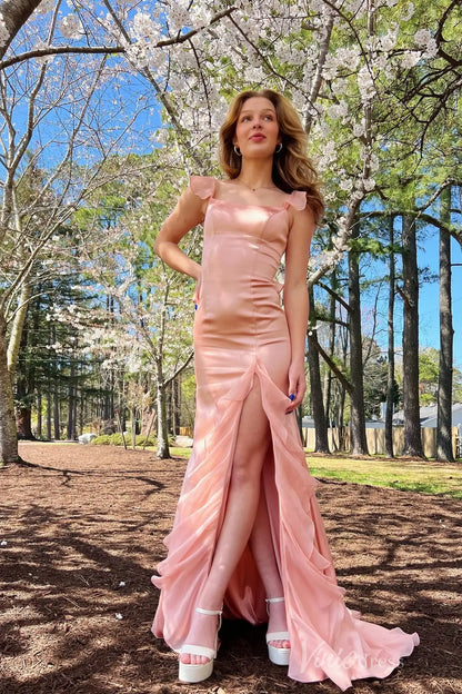 Peach Chiffon Ruffle Prom Dress with High Slit Skirt, and Lace-Up Back – SS054-Homecoming Dresses 2025 -Viniodress-Peach-Custom Size-