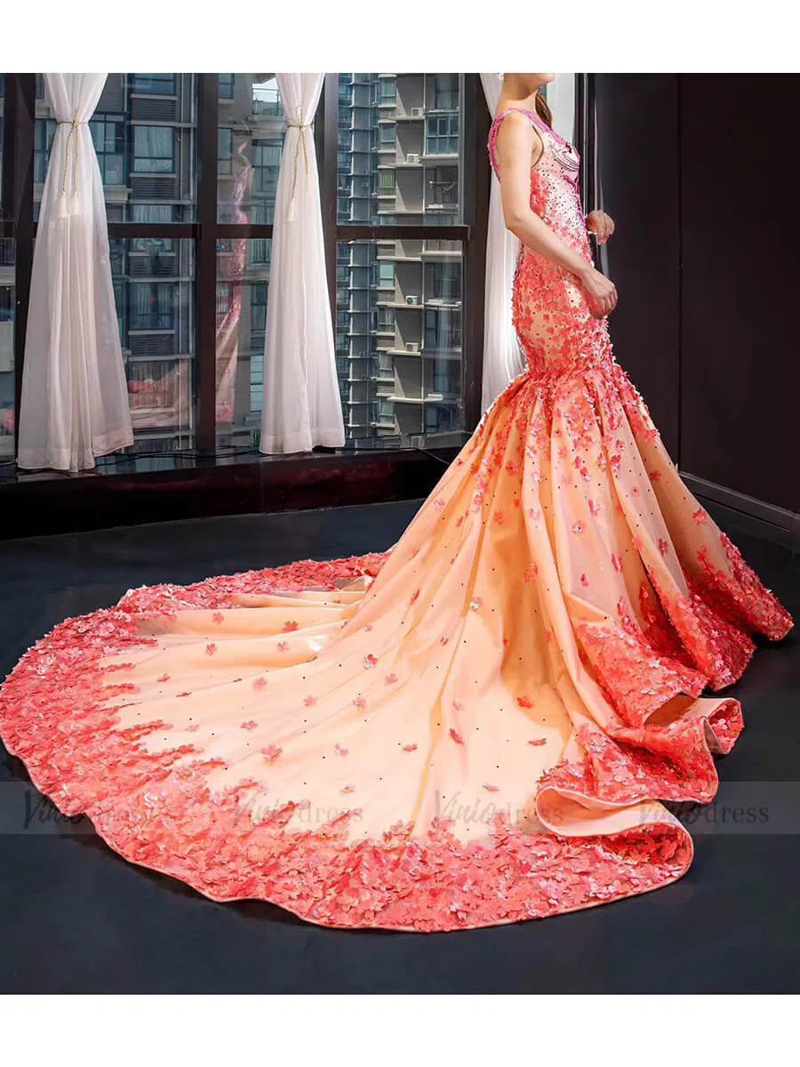 Peach Floral Pageant Dress Beaded Mermaid Prom Dresses FD1538-formal dresses 2025 -Viniodress-Coral-US 2-