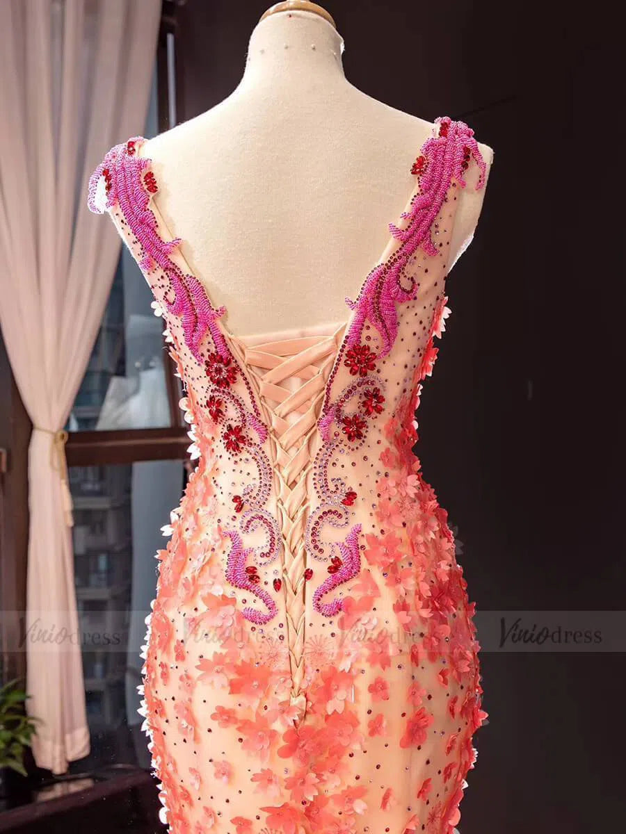 Peach Floral Pageant Dress Beaded Mermaid Prom Dresses FD1538-formal dresses 2025 -Viniodress-Coral-US 2-