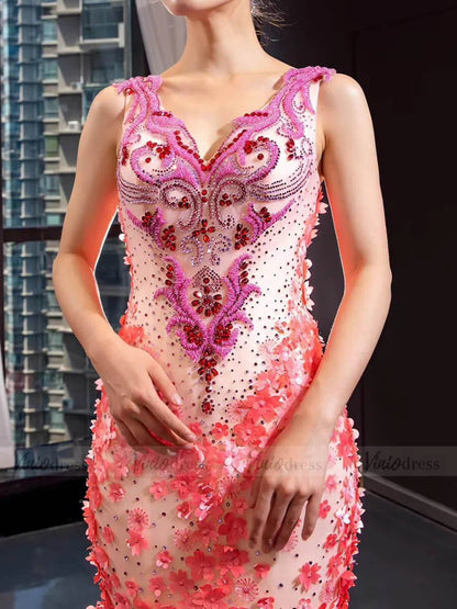 Peach Floral Pageant Dress Beaded Mermaid Prom Dresses FD1538-formal dresses 2025 -Viniodress-Coral-US 2-