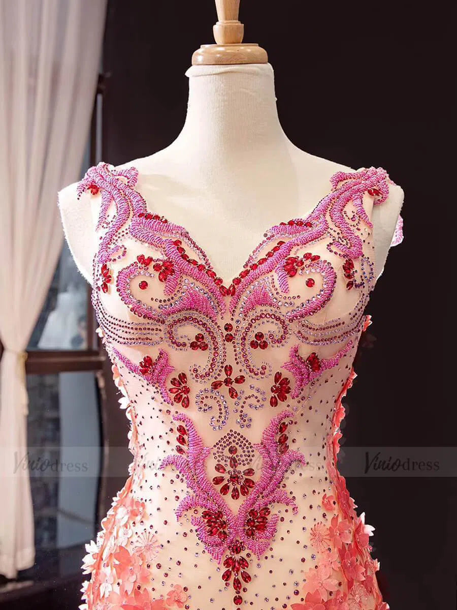 Peach Floral Pageant Dress Beaded Mermaid Prom Dresses FD1538-formal dresses 2025 -Viniodress-Coral-US 2-