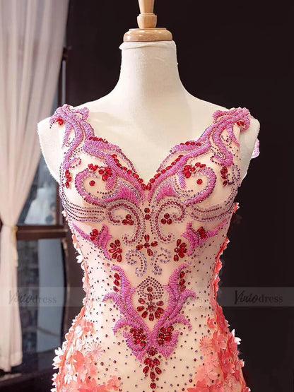 Peach Floral Pageant Dress Beaded Mermaid Prom Dresses FD1538-formal dresses 2025 -Viniodress-Coral-US 2-