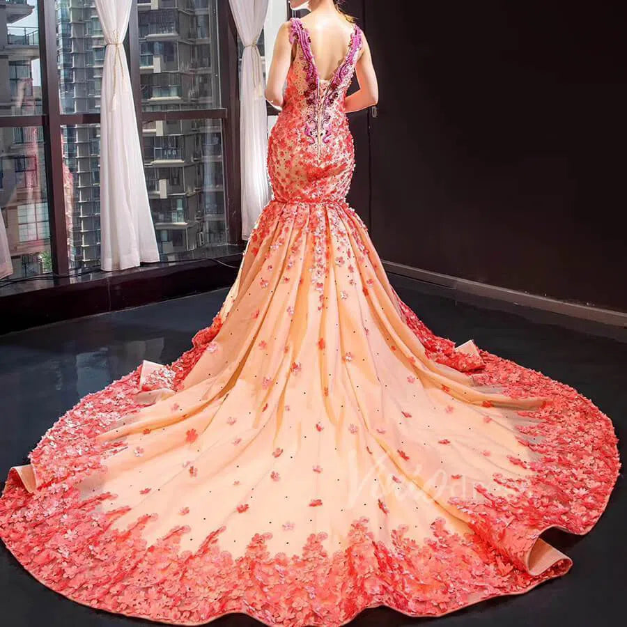 Peach Floral Pageant Dress Beaded Mermaid Prom Dresses FD1538-formal dresses 2025 -Viniodress-Coral-US 2-