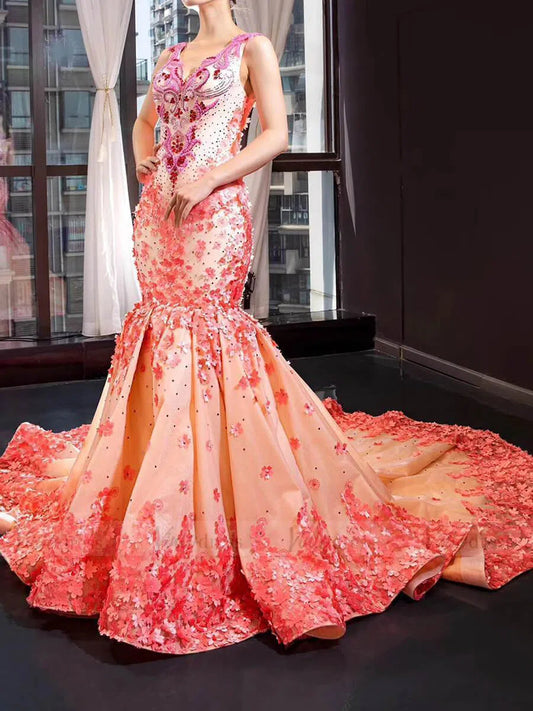 Prom Dress 2025 Peach Floral Pageant Dress Beaded Mermaid Prom Dresses FD1538-unique prom dresses-As Picture-US 2-Viniodress