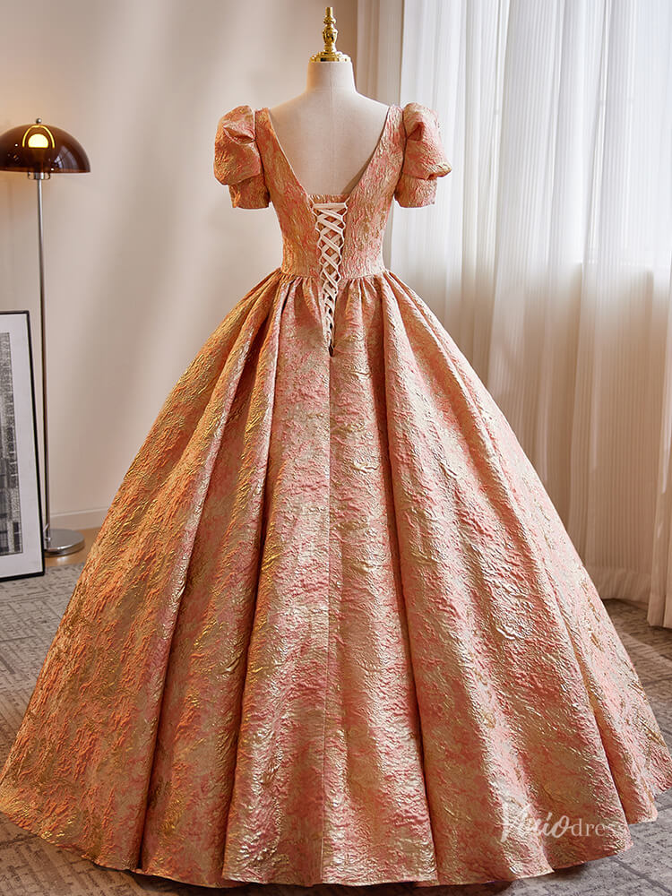 Prom Dress 2025 Peach Jacquard Prom Ball Gown Puffed Sleeve Quinceanera Dresses BG018-unique prom dresses-Peach-Custom Size-Viniodress