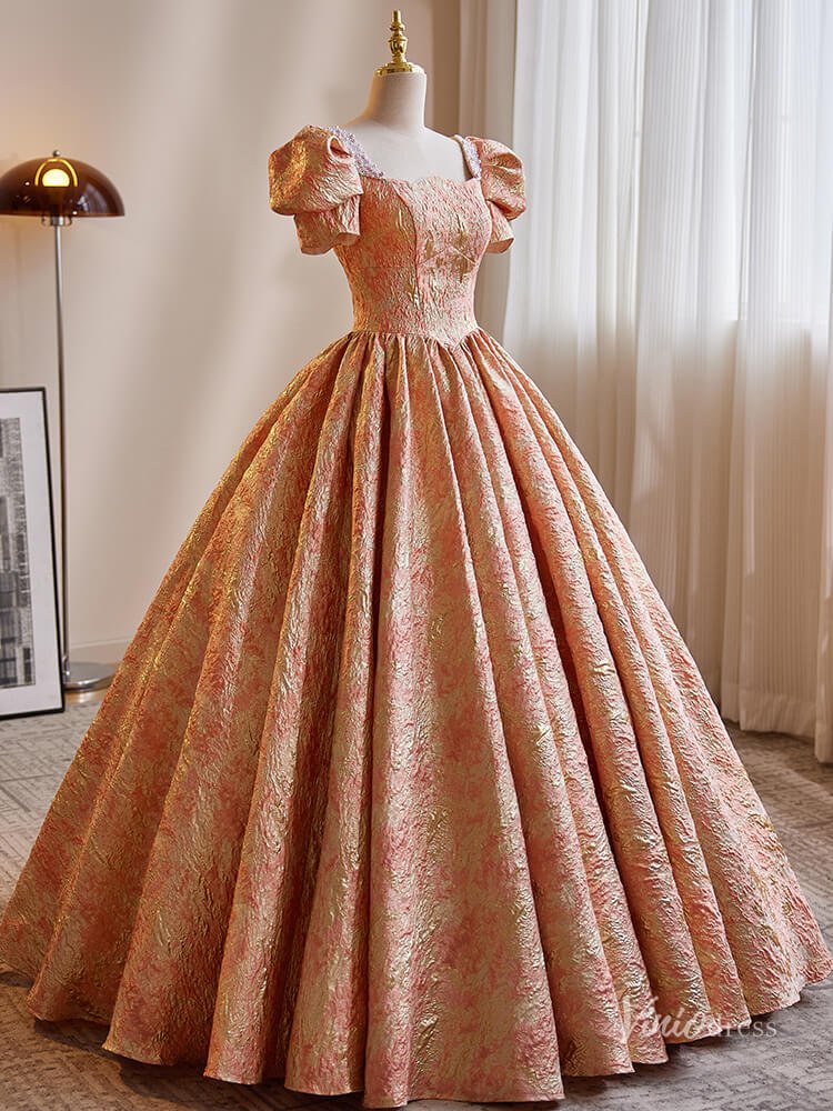 Peach Jacquard Prom Ball Gown Puffed Sleeve Quinceanera Dresses BG018 - Viniodressprom dressesPeachCustom Size - Formal Dresses - Ball Gowns