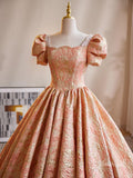 Prom Dress 2025 Peach Jacquard Prom Ball Gown Puffed Sleeve Quinceanera Dresses BG018-unique prom dresses-Peach-Custom Size-Viniodress