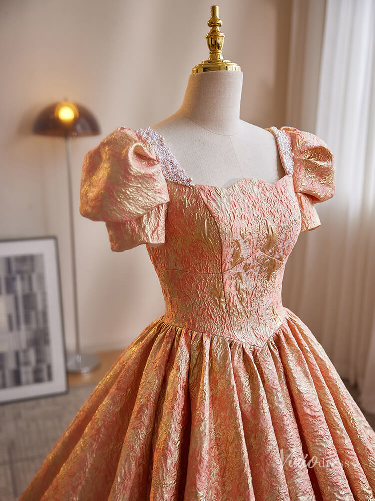 Prom Dress 2025 Peach Jacquard Prom Ball Gown Puffed Sleeve Quinceanera Dresses BG018-unique prom dresses-Peach-Custom Size-Viniodress