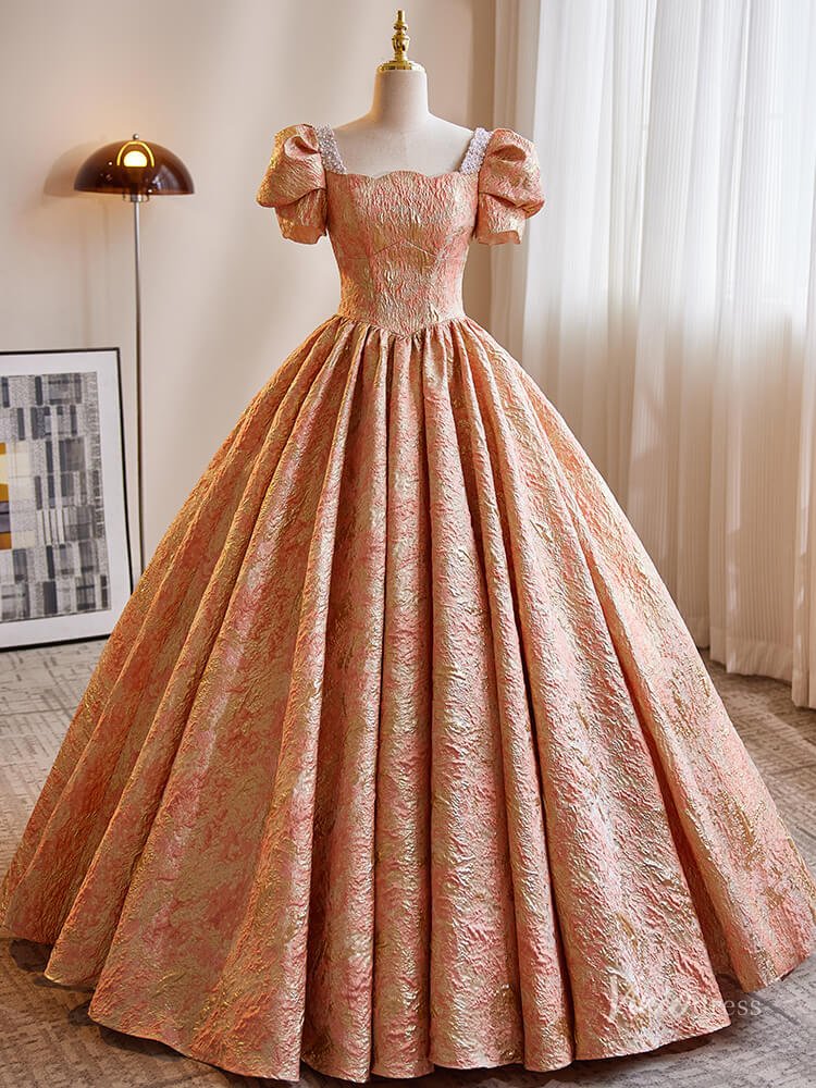 Peach Jacquard Prom Ball Gown Puffed Sleeve Quinceanera Dresses BG018 - Viniodressprom dressesPeachCustom Size - Formal Dresses - Ball Gowns