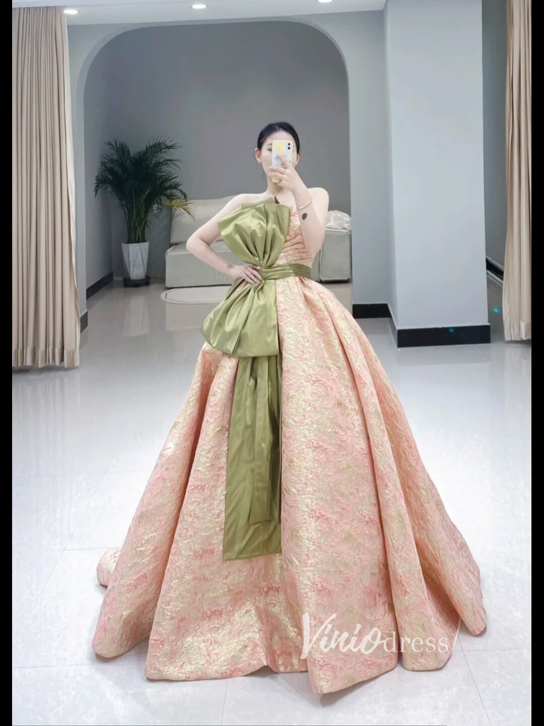 Peach Jacquard Satin Prom Dresses Strapless Bow-Tie Quinceanera Dress FD3442-prom dresses 2025 -Viniodress-Peach-Custom Size-