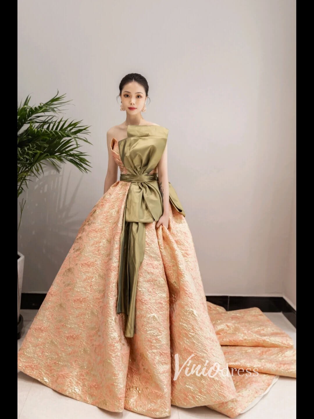 Peach Jacquard Satin Prom Dresses Strapless Bow-Tie Quinceanera Dress –  Viniodress