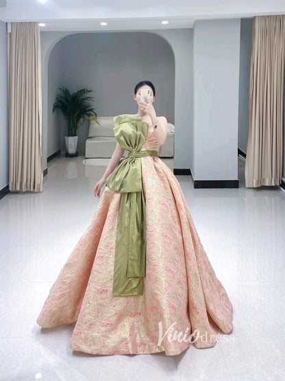 Peach Jacquard Satin Prom Dresses Strapless Bow-Tie Quinceanera Dress FD3442-prom dresses 2025 -Viniodress-Peach-Custom Size-