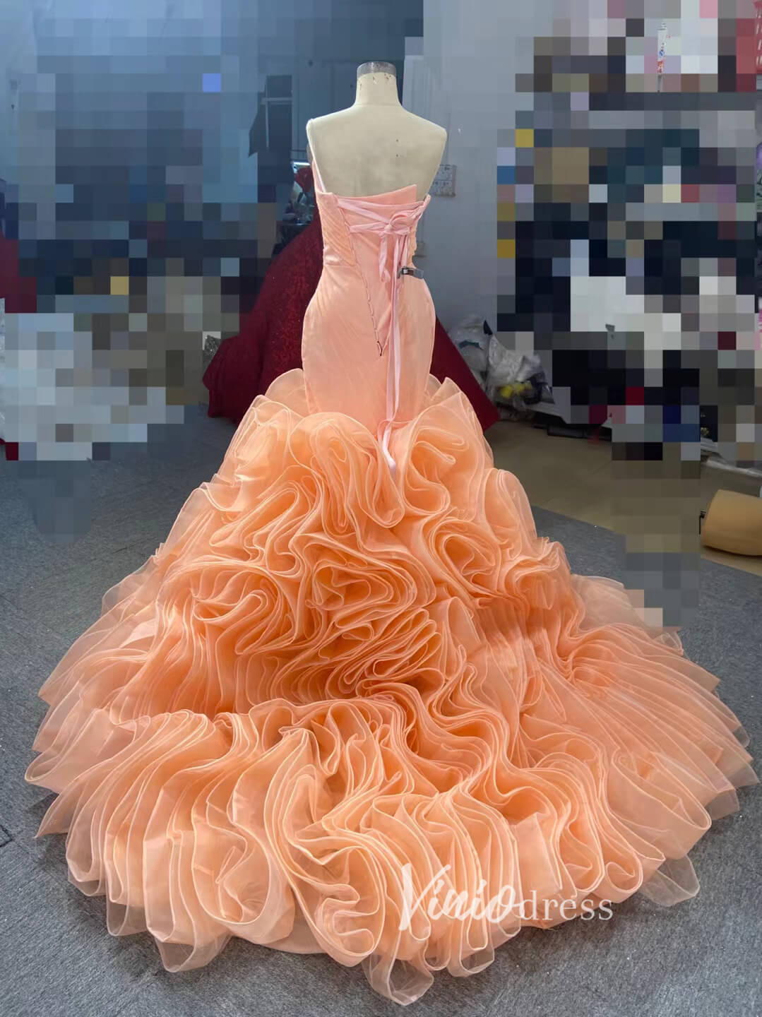Peach Rosette Trumpet Wedding Dresses Strapless Pageant Gown 67212 viniodress-prom dresses 2025 -Viniodress-Peach-Custom Size-