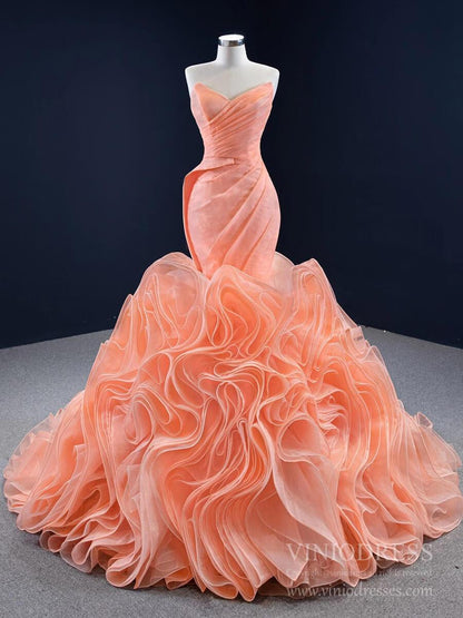 Peach Rosette Trumpet Wedding Dresses Strapless Pageant Gown 67212 viniodress-prom dresses 2025 -Viniodress-Peach-Custom Size-