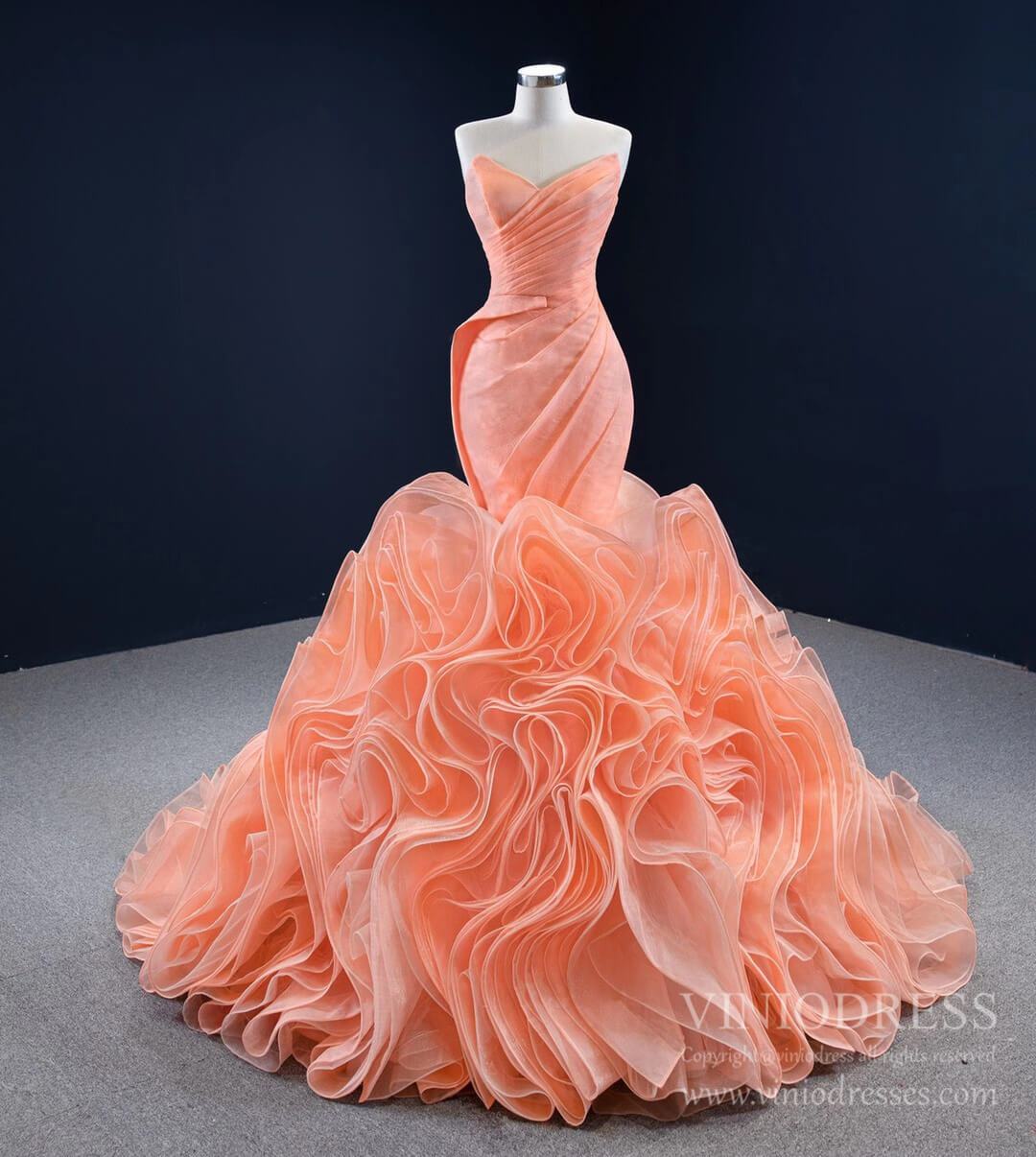 Peach Rosette Trumpet Wedding Dresses Strapless Pageant Gown 67212 vin – Viniodress Peach Rosette Trumpet Wedding Dresses Strapless Pageant Gown 67212 vin – Viniodress