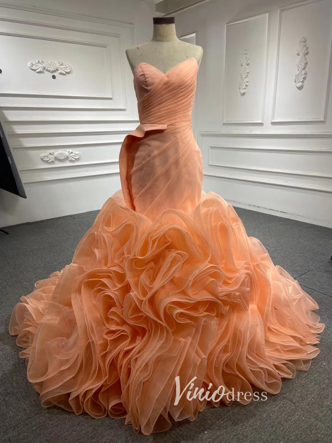 Peach Rosette Trumpet Wedding Dresses Strapless Pageant Gown 67212 viniodress-prom dresses 2025 -Viniodress-Peach-Custom Size-