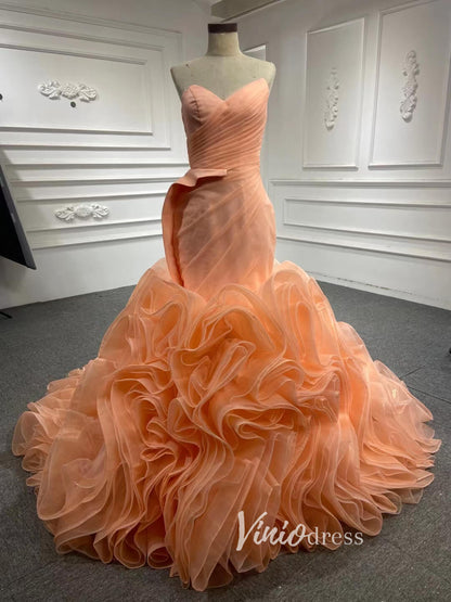 Peach Rosette Trumpet Wedding Dresses Strapless Pageant Gown 67212 viniodress-prom dresses 2025 -Viniodress-Peach-Custom Size-