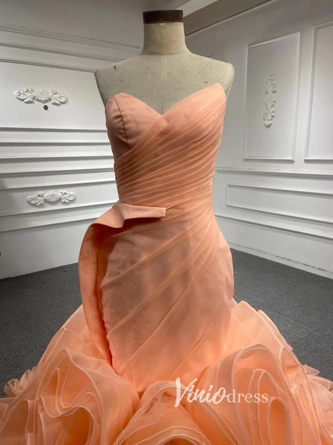 Prom Dress 2025 Peach Rosette Trumpet Wedding Dresses Strapless Pageant Gown 67212 viniodress-unique prom dresses-Peach-Custom Size-Viniodress