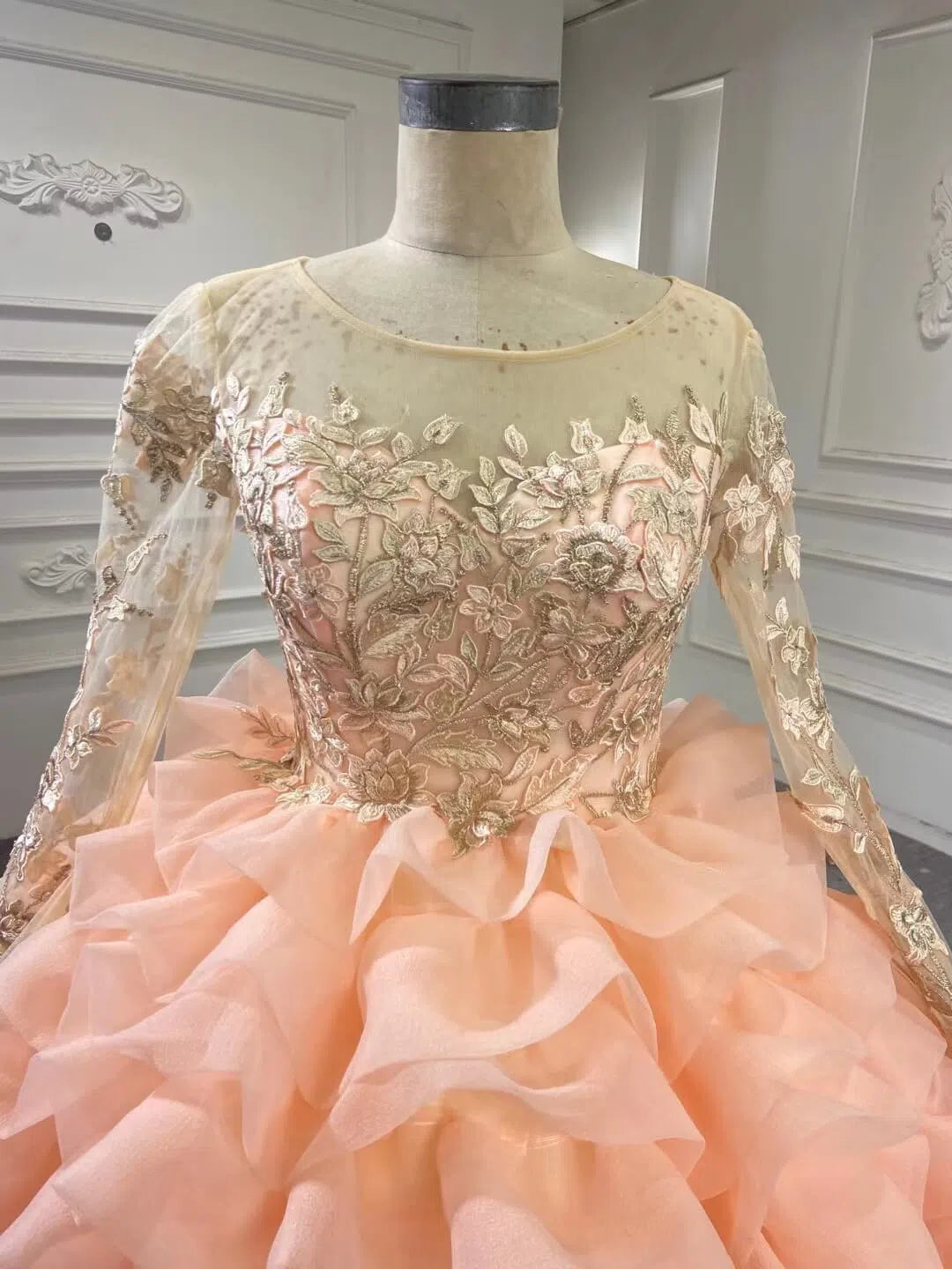Peach Ruffle Layered Ball Gown Prom Dresses Long Sleeve Quince Dress 67019 viniodress-prom dresses 2025 -Viniodress-Peach-Custom Size-