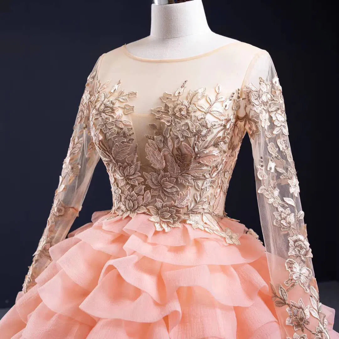 Peach Ruffle Layered Ball Gown Prom Dresses Long Sleeve Quince Dress 67019 viniodress-prom dresses 2025 -Viniodress-Peach-Custom Size-