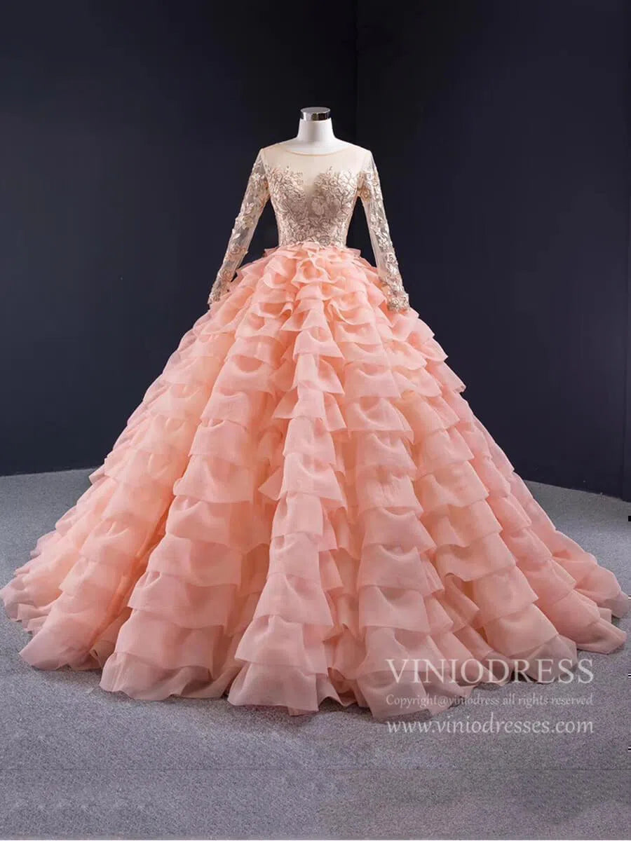 Peach Ruffle Layered Ball Gown Prom Dresses Long Sleeve Quince Dress 67019 viniodress-prom dresses 2025 -Viniodress-Peach-Custom Size-