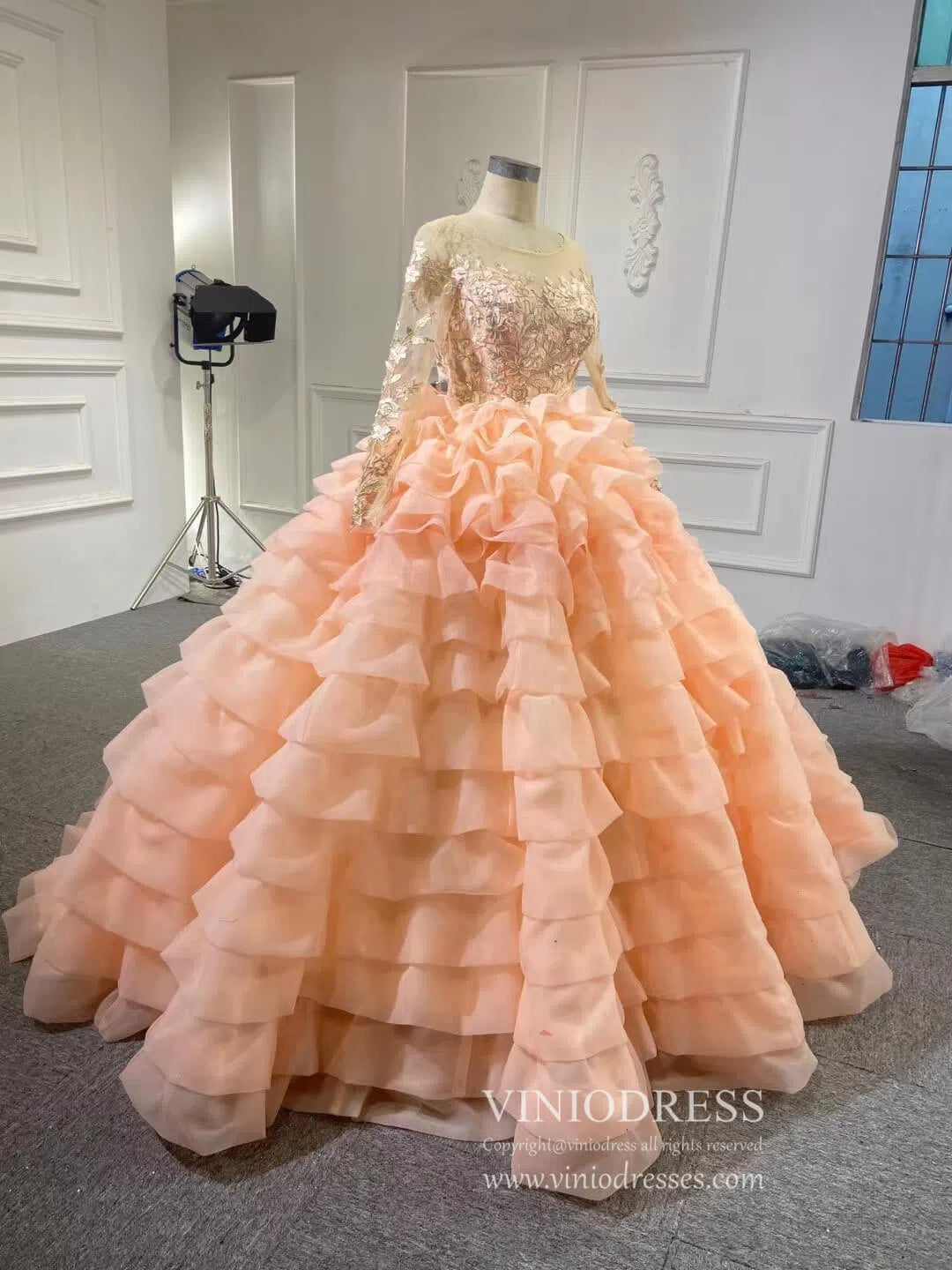 prom dresses 2025 Peach Ruffle Layered Ball Gown Prom Dresses Long Sleeve Quince Dress 67019 viniodress-plus size wedding dresses Viniodress-Peach-Custom Size-