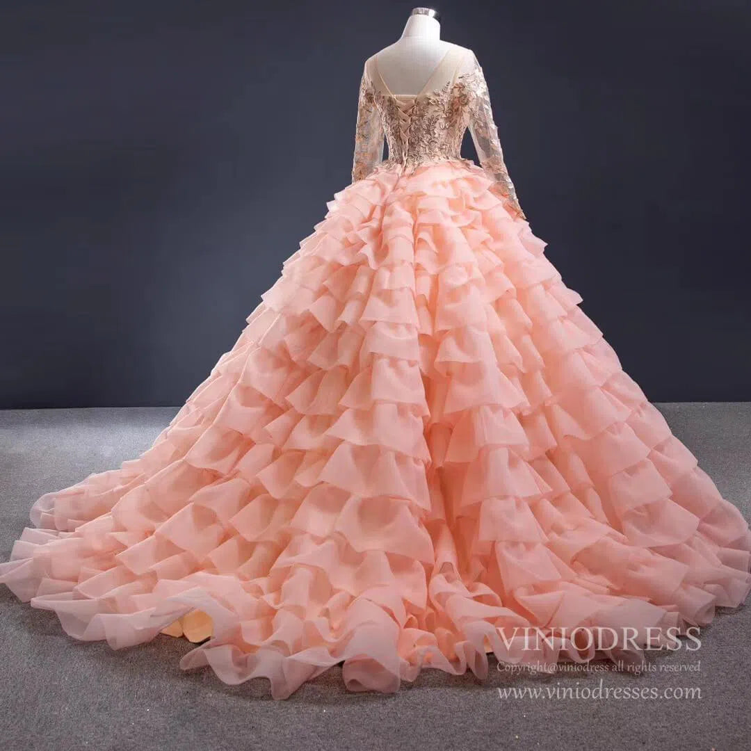 prom dresses 2025 Peach Ruffle Layered Ball Gown Prom Dresses Long Sleeve Quince Dress 67019 viniodress-plus size wedding dresses Viniodress-Peach-Custom Size-