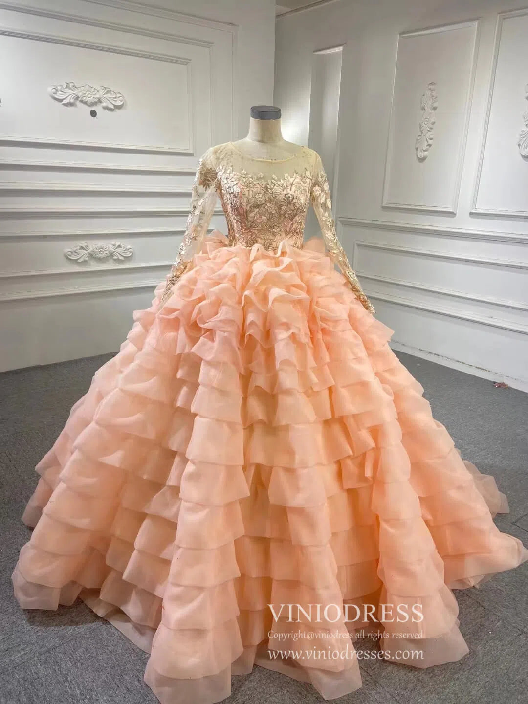 prom dresses 2025 Peach Ruffle Layered Ball Gown Prom Dresses Long Sleeve Quince Dress 67019 viniodress-plus size wedding dresses Viniodress-Peach-Custom Size-