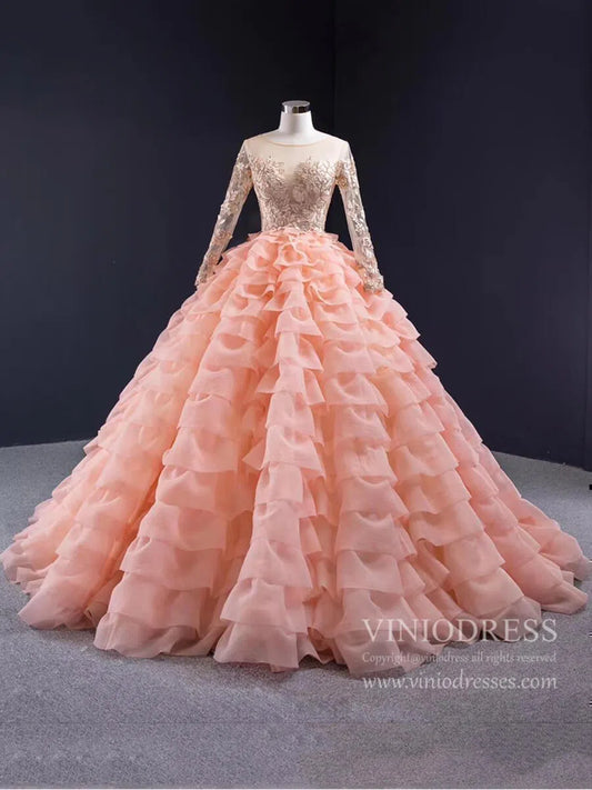 prom dresses 2025 Peach Ruffle Layered Ball Gown Prom Dresses Long Sleeve Quince Dress 67019 viniodress-plus size wedding dresses Viniodress-Peach-Custom Size-