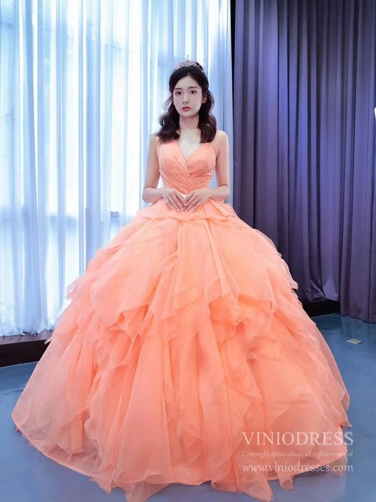 Peach Tiered Ruffle Ball Gown Prom Dresses One Shoulder Quince Dress 67330 viniodress-Quinceanera Dresses 2025 -Viniodress-Peach-Custom Size-