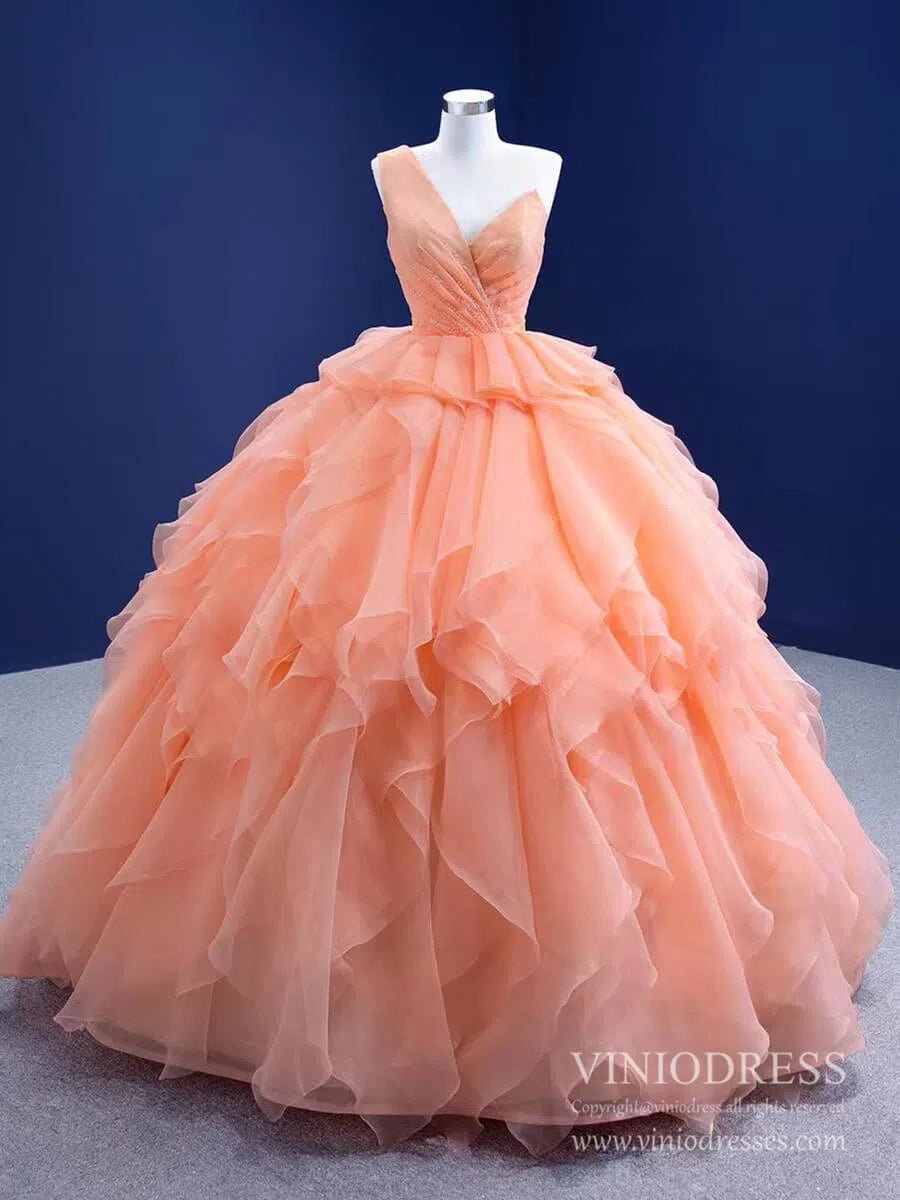 Peach Tiered Ruffle Ball Gown Prom Dresses One Shoulder Quince Dress 67330 viniodress-Quinceanera Dresses 2025 -Viniodress-Peach-Custom Size-