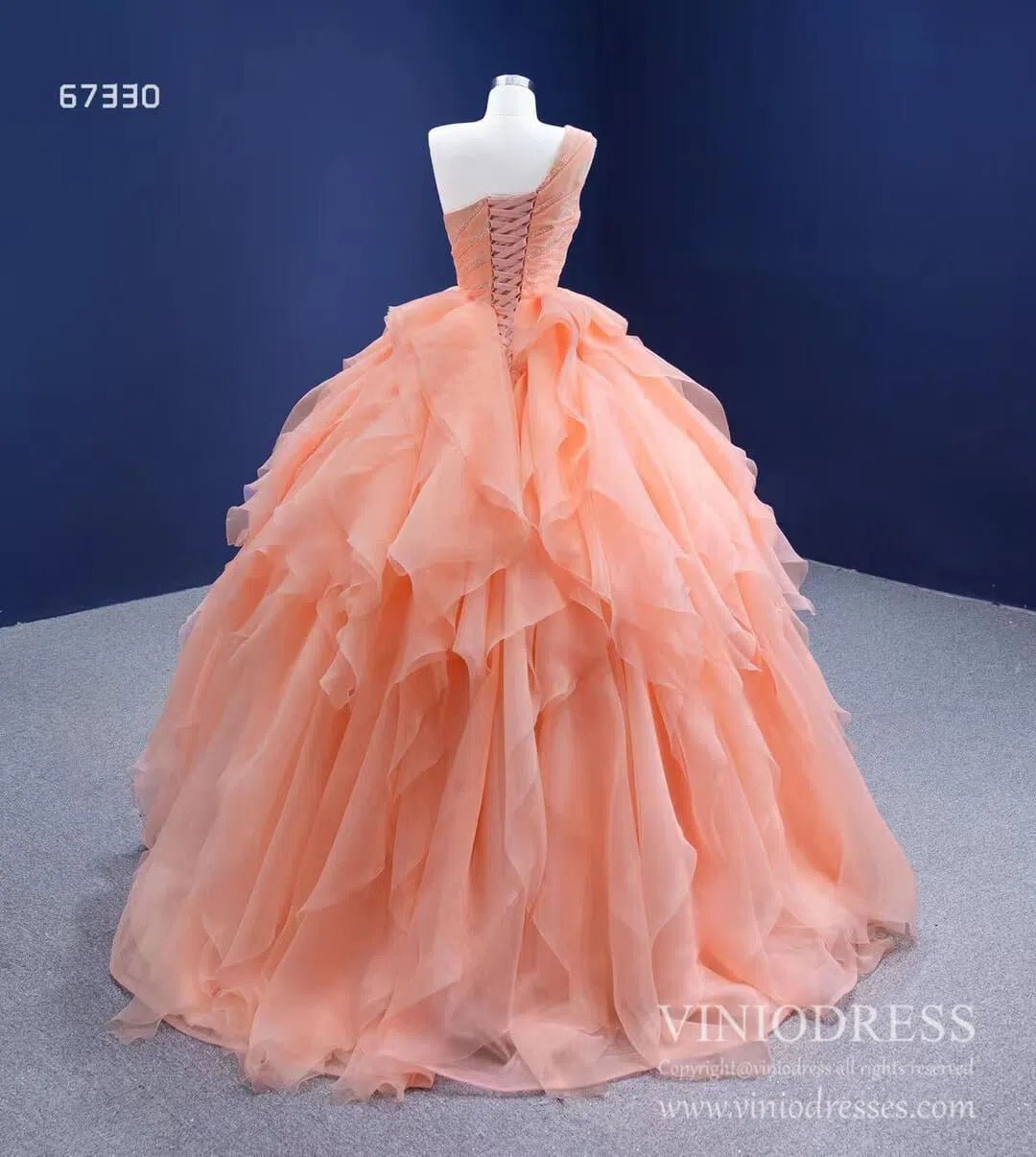 Peach Tiered Ruffle Ball Gown Prom Dresses One Shoulder Quince Dress 67330 viniodress-Quinceanera Dresses 2025 -Viniodress-Peach-Custom Size-