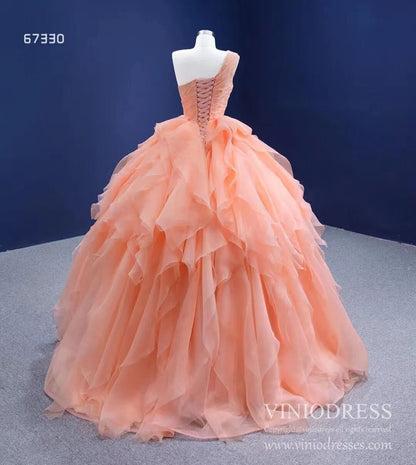 Peach Tiered Ruffle Ball Gown Prom Dresses One Shoulder Quince Dress 67330 viniodress-Quinceanera Dresses 2025 -Viniodress-Peach-Custom Size-