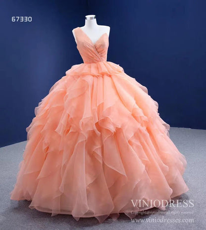 Peach Tiered Ruffle Ball Gown Prom Dresses One Shoulder Quince Dress 67330 viniodress-Quinceanera Dresses 2025 -Viniodress-Peach-Custom Size-