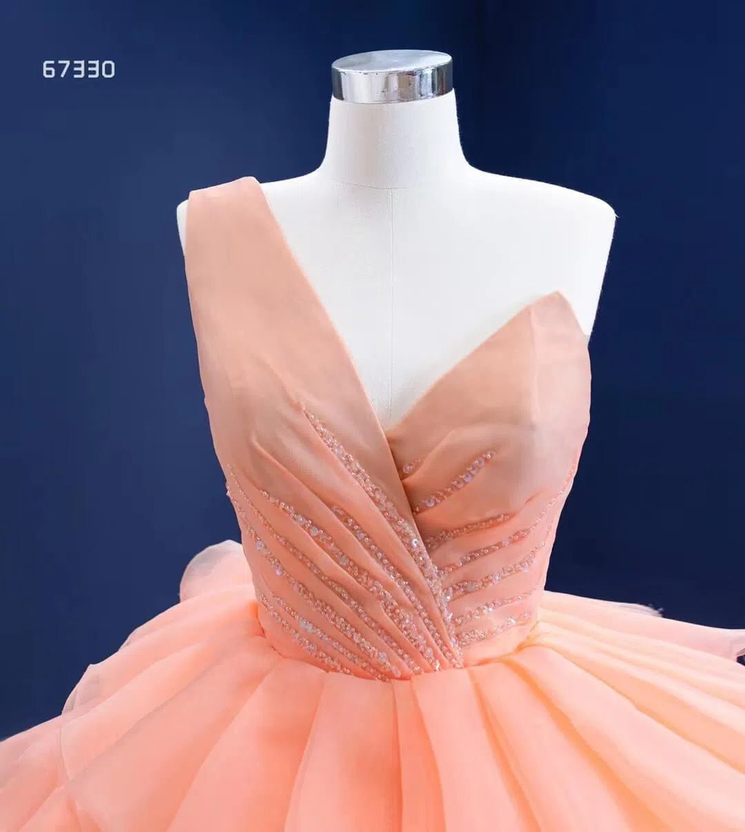 Peach Tiered Ruffle Ball Gown Prom Dresses One Shoulder Quince Dress 67330 viniodress-Quinceanera Dresses 2025 -Viniodress-Peach-Custom Size-